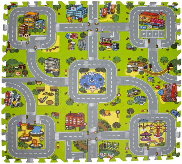 Lekematte med vei og by skum. 9 ruter